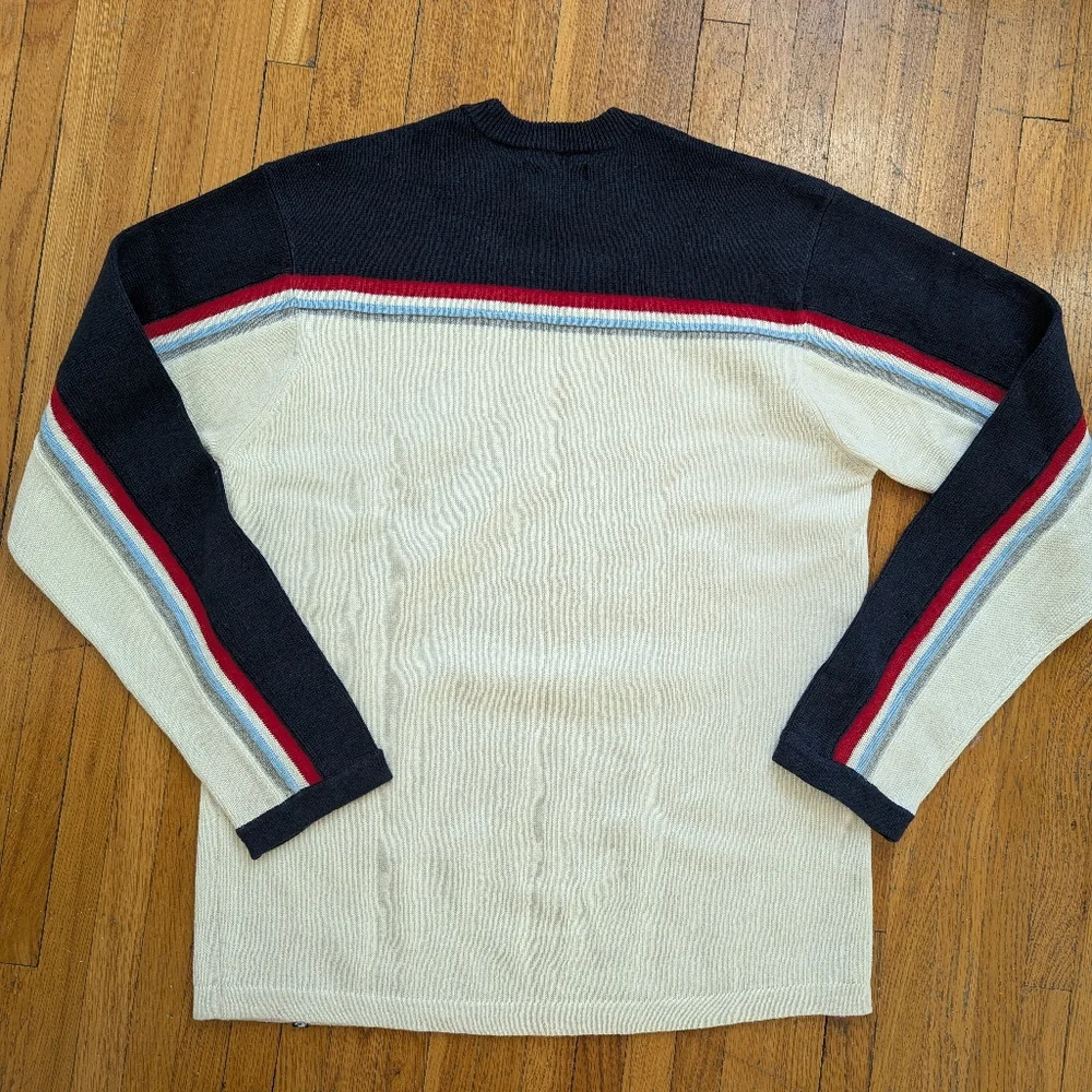90s Vintage Mens Cream 3D Knit Colorblock Tennis Sweater Medium Varsity Preppy